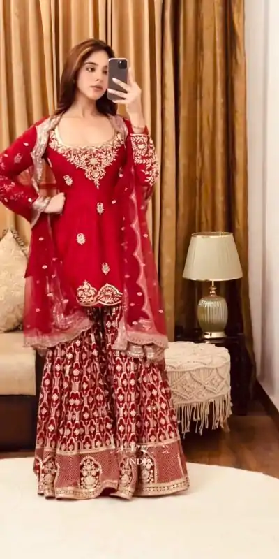 SSR 486 Red Georgette with Embroidery Work & Lace Work Salwar Suit . Festive Deal ₹1949. Delivery 4-6 Working Days. Shop now. | Jump Suits, Tops & Bottoms, Track Suits, Trendy Wear, Casual Suits, Creative suits, Designer Suits, Palazzo Suits, Party Wear Suits, Patiala Suits, Salwar suit, Straight Suits
