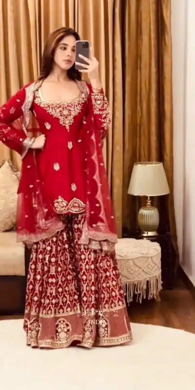 SSR 486 Red Georgette with Embroidery Work & Lace Work Salwar Suit . Festive Deal ₹1949. Delivery 4-6 Working Days. Shop now. | Jump Suits, Tops & Bottoms, Track Suits, Trendy Wear, Casual Suits, Creative suits, Designer Suits, Palazzo Suits, Party Wear Suits, Patiala Suits, Salwar suit, Straight Suits