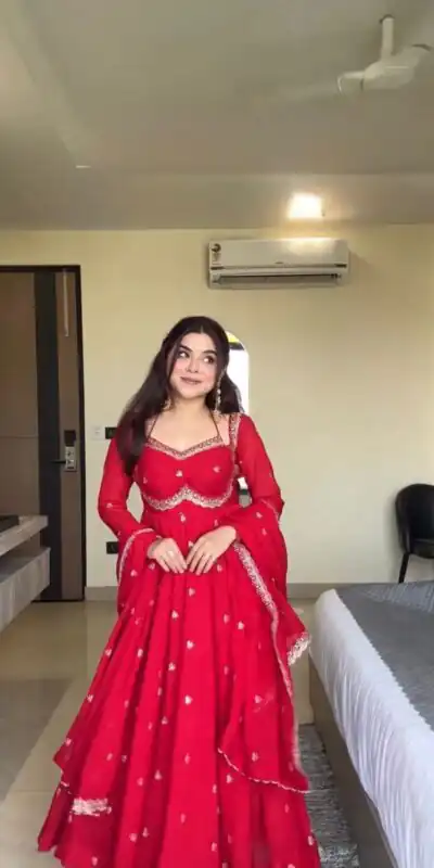 RTC 5924 Red Georgette Thread With Sequence Gown Perfect for Wedding, Party, Reception, Holi, Eid . Available at ₹1999 only. Delivery 4-6 Working Days. | Bollywood Gowns, Creative Gowns, Designer Gowns, Embroidered Gowns, Gowns, Party Wear Gowns