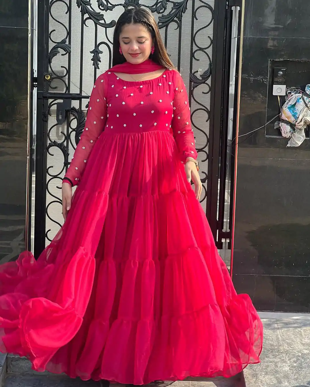 LG 2013 Red Georgette With Bead Work Gown . Wedding, Party, Festive, Events, Get it for ₹1899. Delivery 4-6 Working Days. Shop now. | Bollywood Gowns, Creative Gowns, Designer Gowns, Embroidered Gowns, Gowns, Party Wear Gowns