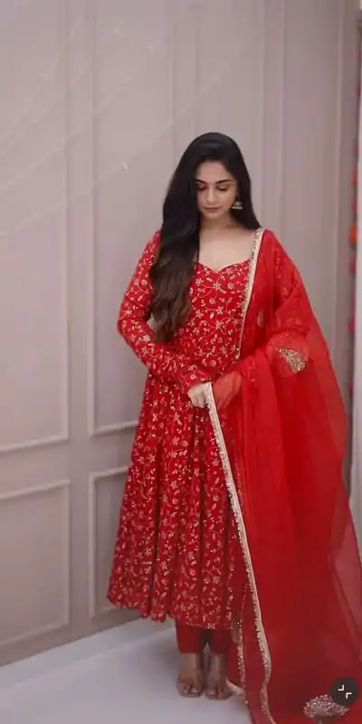 SSR 529 Red Georgette With Heavy Embroidery Sequence Work With Fancy Latkan with Embroidery Work Gown. Introductory Price ₹2149. Delivery 4-6 | Bollywood Gowns, Creative Gowns, Designer Gowns, Embroidered Gowns, Gowns, Party Wear Gowns
