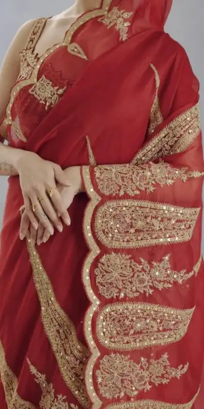 DF Queen Red Organza Tissue Saree with Sequins Work & Embroidery. Festive Deal ₹2499. Delivery 4-6 Working Days. Shop now. | Bollywood Sarees, Creative Sarees, Designer Sarees, Embroidered Sarees, Ethnic Saree, Modern Digital sarees, Party Wear Sarees, Sarees