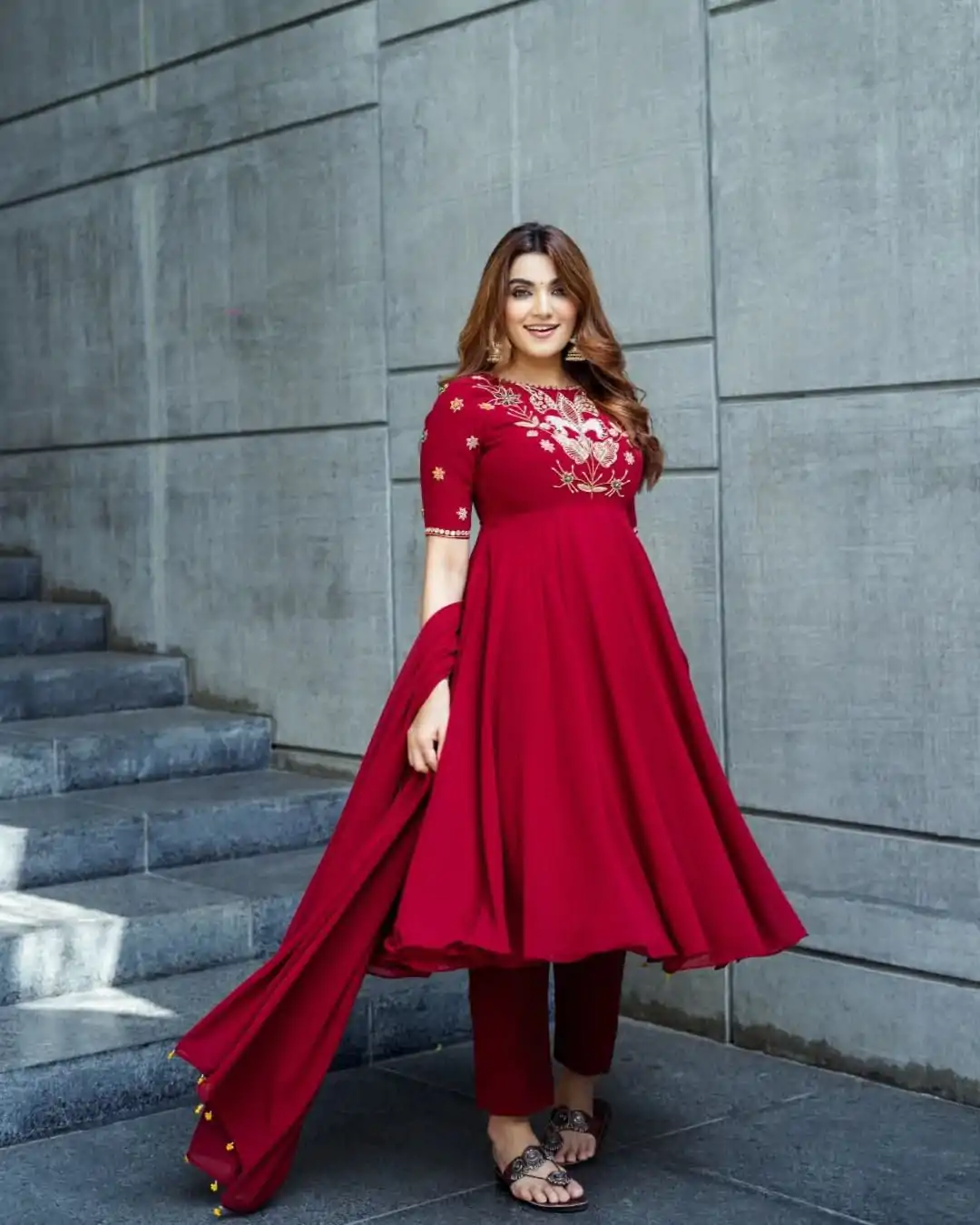 NSR 873 Red Roman Simmer Silk With Fency Neck And Fecny Sleeve Gown with Embroidery Work. Best Price ₹2049. Delivery 4-6 Working Days. Shop now. | Bollywood Gowns, Creative Gowns, Designer Gowns, Embroidered Gowns, Gowns, Party Wear Gowns