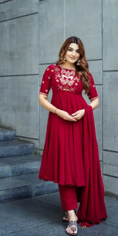 NSR 873 Red Roman Simmer Silk With Fency Neck And Fecny Sleeve Gown with Embroidery Work. Best Price ₹2049. Delivery 4-6 Working Days. Shop now. | Bollywood Gowns, Creative Gowns, Designer Gowns, Embroidered Gowns, Gowns, Party Wear Gowns