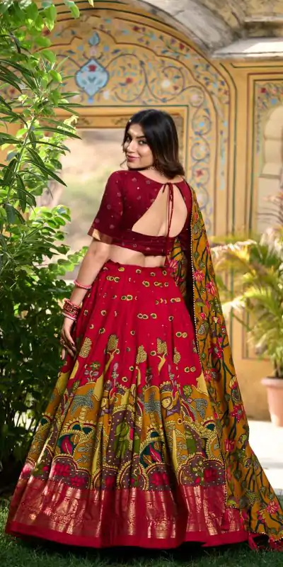 LNB 1219 Red Tasar Silk With Gotta Patti Work & Kalamkari Print Lehenga Choli . Best Price ₹2449. Delivery 4-6 Working Days. Shop now. | Bollywood Lehenga, Creative Lehenga, Designer Lehenga, Embroidered Lehenga, Lehenga, Party Wear Lehenga