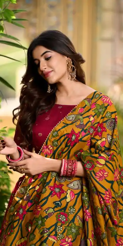 LNB 1219 Red Tasar Silk With Gotta Patti Work & Kalamkari Print Lehenga Choli . Best Price ₹2449. Delivery 4-6 Working Days. Shop now. | Bollywood Lehenga, Creative Lehenga, Designer Lehenga, Embroidered Lehenga, Lehenga, Party Wear Lehenga