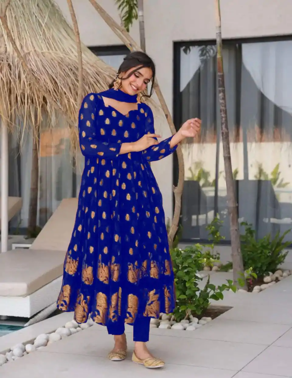VLM 299 Royal Blue Faux Georgette With Embroidery Work Gown Perfect for Wedding, Party, Ethnic Day, Housewarming, Cultural Events At 2099/-Only | Bollywood Gowns, Creative Gowns, Designer Gowns, Embroidered Gowns, Gowns, Party Wear Gowns
