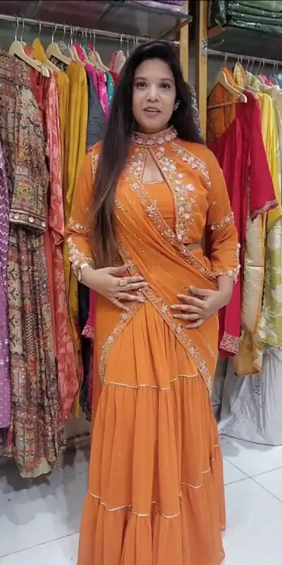 BE 280 Rust Georgette Lehenga Saree Perfect for Wedding, Party, Cultural Events, Housewarming, Ganesh Chaturthi . Affordable Price ₹2399. Delivery 4- | Bollywood Lehenga, Creative Lehenga, Designer Lehenga, Embroidered Lehenga, Lehenga, Party Wear Lehenga