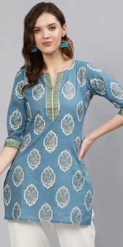 INLI Blush 2.0 Sky Blue Cotton Printed Designer Work Kurti in . Wedding, Party, Festive, Events, Special Price ₹1269. Delivery 4-6 Working Days. Shop now. | Bollywood Kurti, Creative Kurtis, Designer Kurti, Kurti, Party Wear Kurti, Selfie Kurti