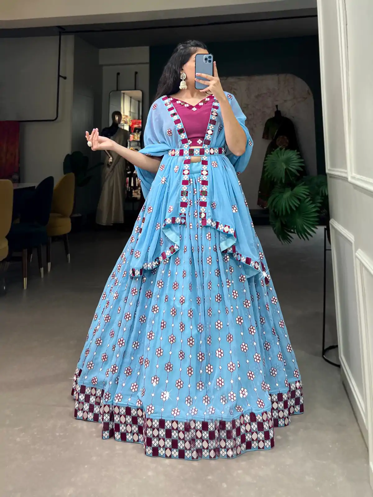 Choli LNB 1733 Sky Blue Georgette Mirror Work & Embroidery Work Lehenga in . Now at just ₹1999. Delivery 4-6 Working Days. Shop now. | Bollywood Lehenga, Creative Lehenga, Designer Lehenga, Embroidered Lehenga, Lehenga, Party Wear Lehenga