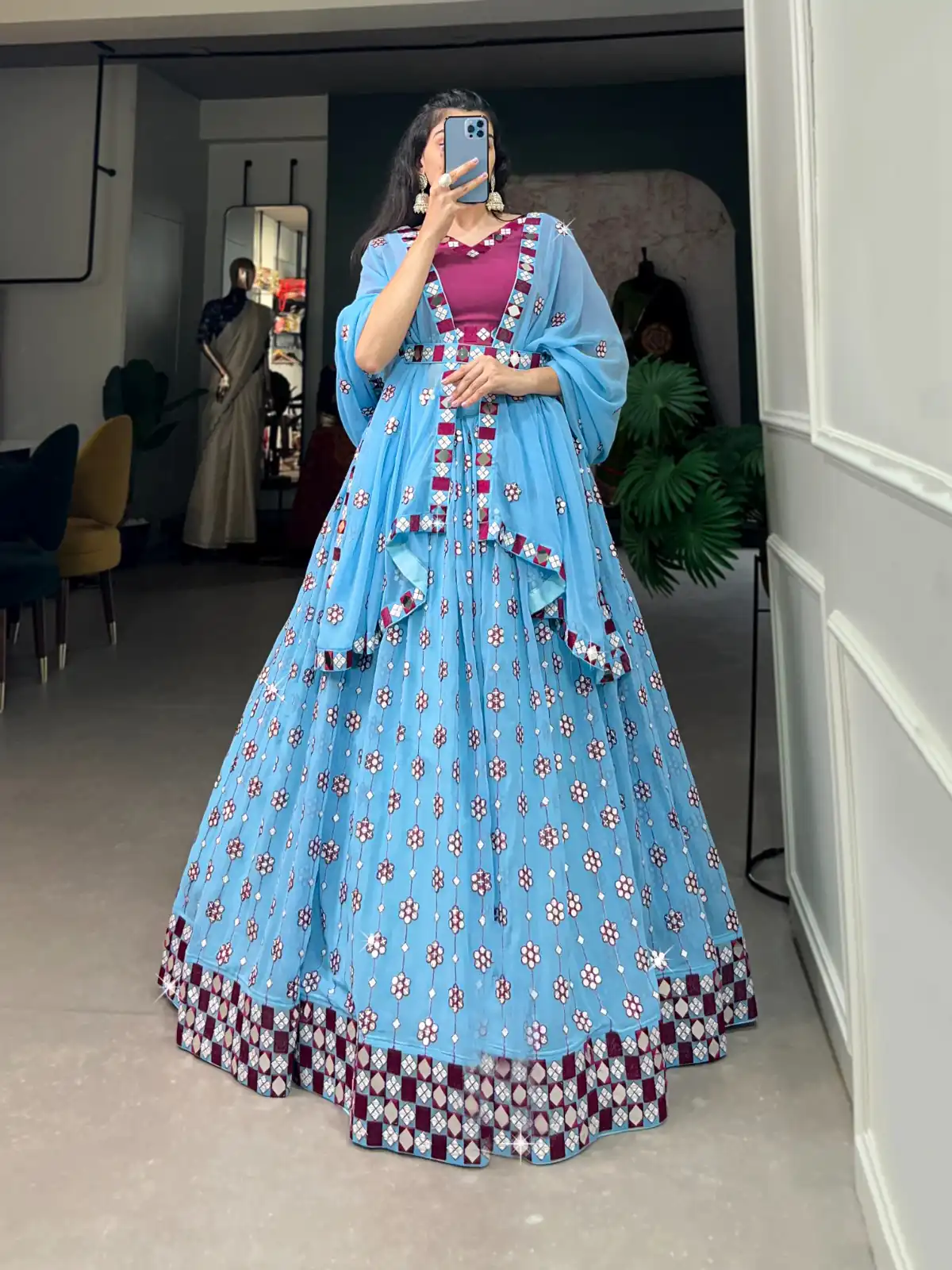 Choli LNB 1733 Sky Blue Georgette Mirror Work & Embroidery Work Lehenga in . Now at just ₹1999. Delivery 4-6 Working Days. Shop now. | Bollywood Lehenga, Creative Lehenga, Designer Lehenga, Embroidered Lehenga, Lehenga, Party Wear Lehenga
