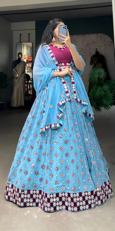 Choli LNB 1733 Sky Blue Georgette Mirror Work & Embroidery Work Lehenga in . Now at just ₹1999. Delivery 4-6 Working Days. Shop now. | Bollywood Lehenga, Creative Lehenga, Designer Lehenga, Embroidered Lehenga, Lehenga, Party Wear Lehenga
