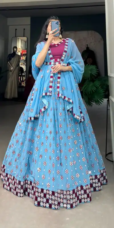 Choli LNB 1733 Sky Blue Georgette Mirror Work & Embroidery Work Lehenga in . Now at just ₹1999. Delivery 4-6 Working Days. Shop now. | Bollywood Lehenga, Creative Lehenga, Designer Lehenga, Embroidered Lehenga, Lehenga, Party Wear Lehenga