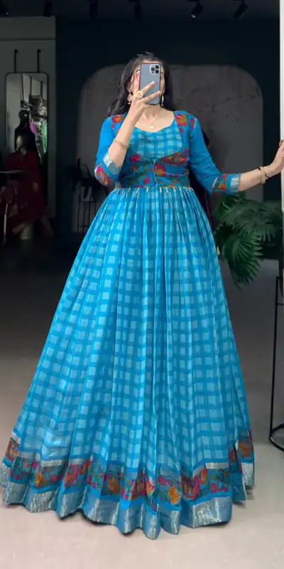 YNF 5034 Sky Blue Polyester Viscose Chanderi Zari Work & Lace Work Gown in . Affordable Price ₹1799. Delivery 4-6 Working Days. Shop now. | Bollywood Gowns, Creative Gowns, Designer Gowns, Embroidered Gowns, Gowns, Party Wear Gowns