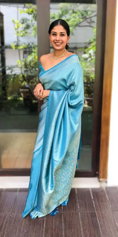 KP 4049 Sky Blue Sky Soft Lichi Silk Saree With Lace Work & Lace Border. Exclusive Offer ₹1349. Delivery 4-6 Working Days. Shop now. | Bollywood Sarees, Creative Sarees, Designer Sarees, Embroidered Sarees, Ethnic Saree, Modern Digital sarees, Party Wear Sarees, Sarees