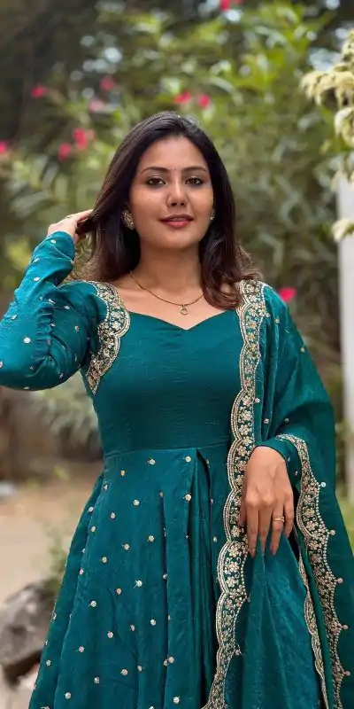 SSR 516 Teal Heavy Fandy Silk With Embroidery sequence Work Gown Perfect for Wedding, Party, Onam, Makar Sankranti, Traditional Day Special Price ₹ 2149 | Bollywood Gowns, Creative Gowns, Designer Gowns, Embroidered Gowns, Gowns, Party Wear Gowns