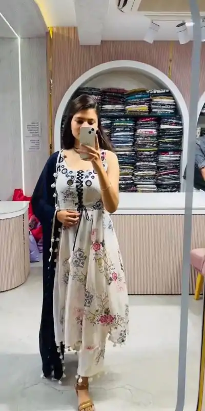 ZSR 3147 White Georgette Butti With Digital Print And Mirror Work Perfect for Wedding, Party, Engagement, Holi, Cultural Events 2099/- only | Bollywood Gowns, Creative Gowns, Designer Gowns, Embroidered Gowns, Gowns, Party Wear Gowns