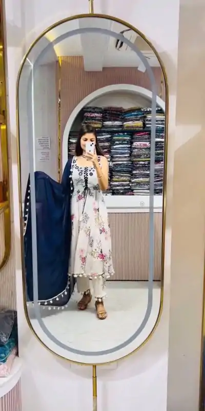 ZSR 3147 White Georgette Butti With Digital Print And Mirror Work Perfect for Wedding, Party, Engagement, Holi, Cultural Events 2099/- only | Bollywood Gowns, Creative Gowns, Designer Gowns, Embroidered Gowns, Gowns, Party Wear Gowns