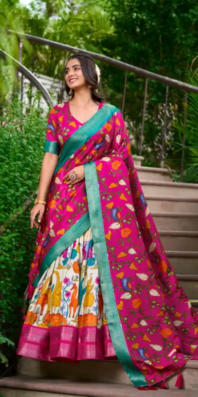 LNB 1222 White Dola Silk With Kalamkari Print & Zari Work Lehenga Choli . Grab it for ₹1899. Delivery 4-6 Working Days. Shop now. | Bollywood Lehenga, Creative Lehenga, Designer Lehenga, Embroidered Lehenga, Lehenga, Party Wear Lehenga