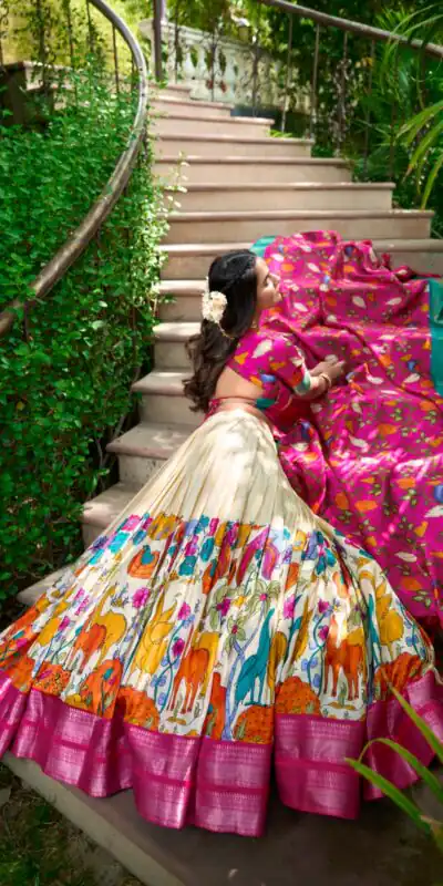 LNB 1222 White Dola Silk With Kalamkari Print & Zari Work Lehenga Choli . Grab it for ₹1899. Delivery 4-6 Working Days. Shop now. | Bollywood Lehenga, Creative Lehenga, Designer Lehenga, Embroidered Lehenga, Lehenga, Party Wear Lehenga