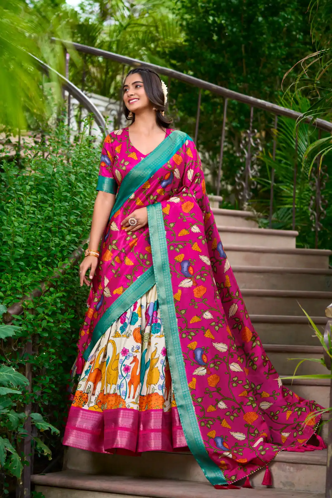 LNB 1222 White Dola Silk With Kalamkari Print & Zari Work Lehenga Choli . Grab it for ₹1899. Delivery 4-6 Working Days. Shop now. | Bollywood Lehenga, Creative Lehenga, Designer Lehenga, Embroidered Lehenga, Lehenga, Party Wear Lehenga