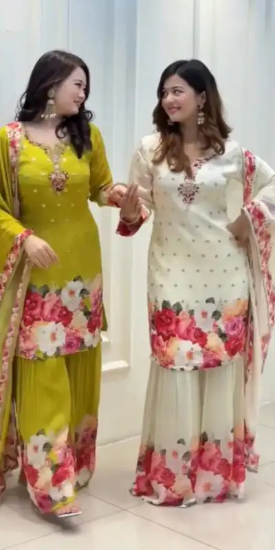 SRK 5301 White Heavy Faux Georgette With 5mm Embroidery Sequence Work With Digital print Full Sleeve Salwar Suit Wedding, Party, 4-6 Working Days At 1999 | Jump Suits, Casual Suits, Creative suits, Designer Suits, Palazzo Suits, Party Wear Suits, Patiala Suits, Salwar suit, Straight Suits