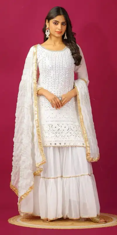 SR 1671 White Georgette Salwar Suit Perfect for Wedding, Party, Cultural Events, Temple Visit, Lohri Now at just ₹1799. Delivery 4-6 Working Days. | Jump Suits, Tops & Bottoms, Track Suits, Trendy Wear, Casual Suits, Creative suits, Designer Suits, Palazzo Suits, Party Wear Suits, Patiala Suits, Salwar suit, Straight Suits
