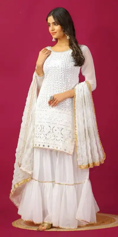 SR 1671 White Georgette Salwar Suit Perfect for Wedding, Party, Cultural Events, Temple Visit, Lohri Now at just ₹1799. Delivery 4-6 Working Days. | Jump Suits, Tops & Bottoms, Track Suits, Trendy Wear, Casual Suits, Creative suits, Designer Suits, Palazzo Suits, Party Wear Suits, Patiala Suits, Salwar suit, Straight Suits