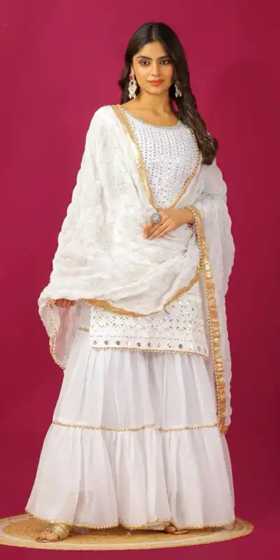 SR 1671 White Georgette Salwar Suit Perfect for Wedding, Party, Cultural Events, Temple Visit, Lohri Now at just ₹1799. Delivery 4-6 Working Days. | Jump Suits, Tops & Bottoms, Track Suits, Trendy Wear, Casual Suits, Creative suits, Designer Suits, Palazzo Suits, Party Wear Suits, Patiala Suits, Salwar suit, Straight Suits