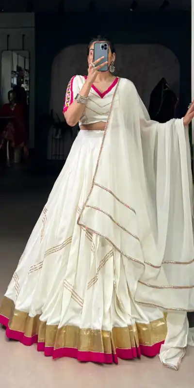 LNB 1622 White Color Rayon Embossed Design Gota Patti Lace Touch Up Lehenga Choli Wedding, Party, Festive, Events Etc. Delivery 4-6 Working Days Rs 3199 | Bollywood Lehenga, Creative Lehenga, Designer Lehenga, Embroidered Lehenga, Lehenga, Party Wear Lehenga