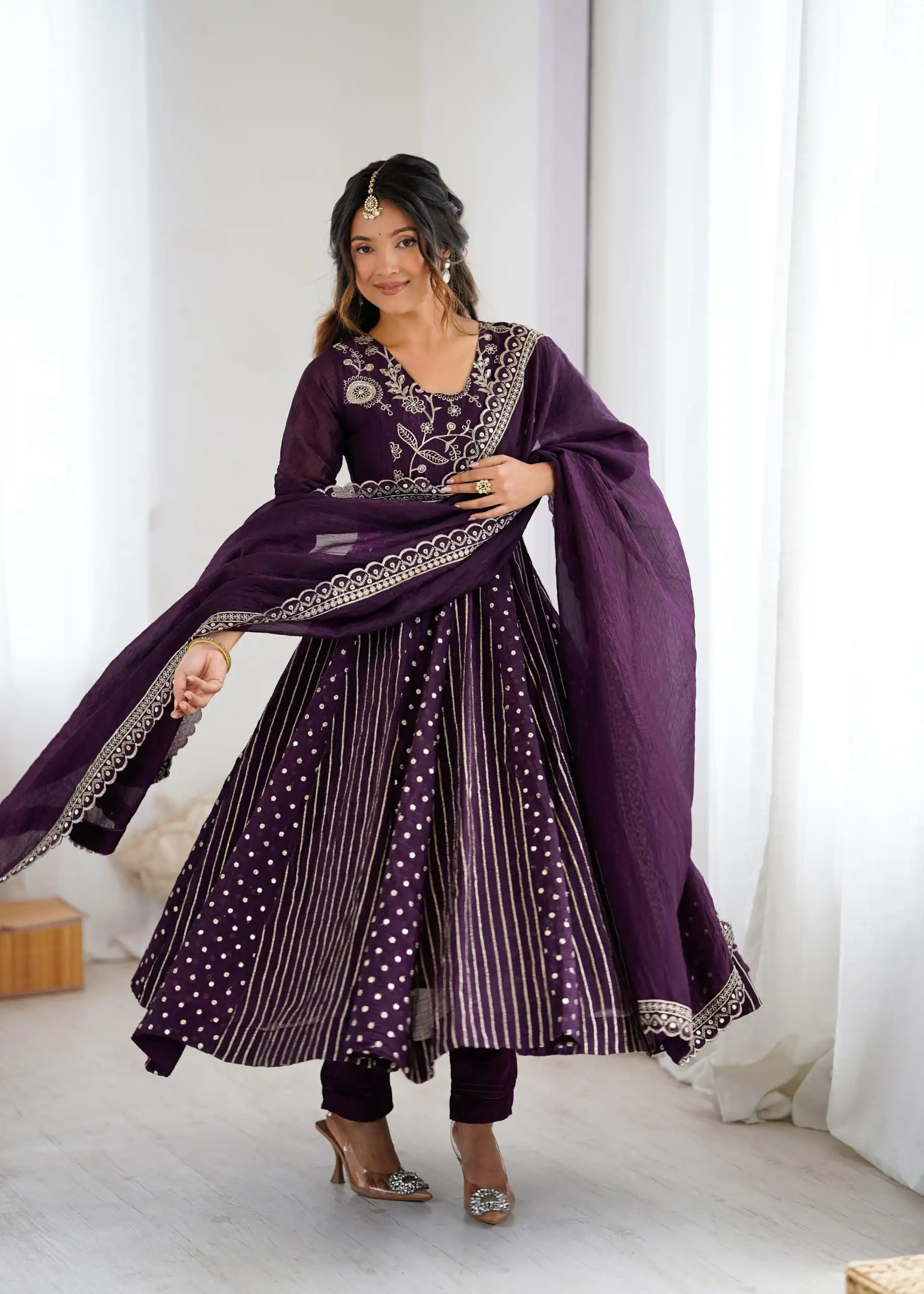 SRK 5293 Wine With Crunchy Silk With Fully Flair with Lace Work & Embroidery Work Anarkali Gown . Introductory Price ₹2149. Delivery 4-6 Worki | Bollywood Gowns, Creative Gowns, Designer Gowns, Embroidered Gowns, Gowns, Party Wear Gowns