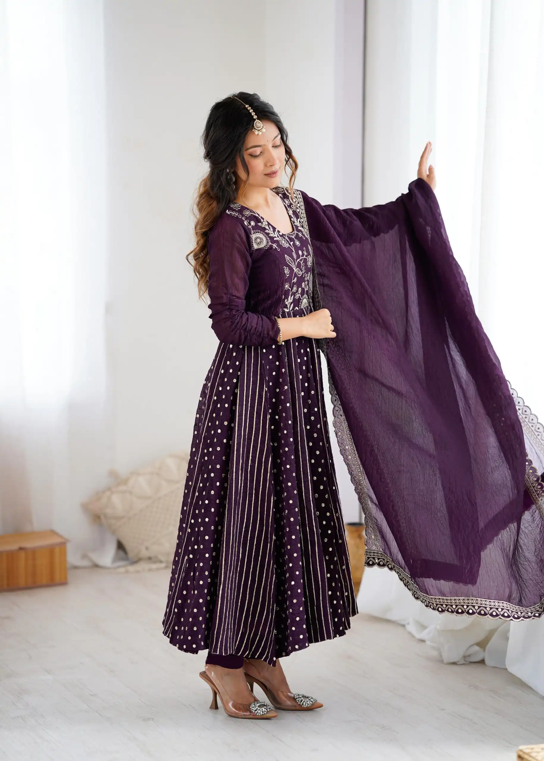 SRK 5293 Wine With Crunchy Silk With Fully Flair with Lace Work & Embroidery Work Anarkali Gown . Introductory Price ₹2149. Delivery 4-6 Worki | Bollywood Gowns, Creative Gowns, Designer Gowns, Embroidered Gowns, Gowns, Party Wear Gowns