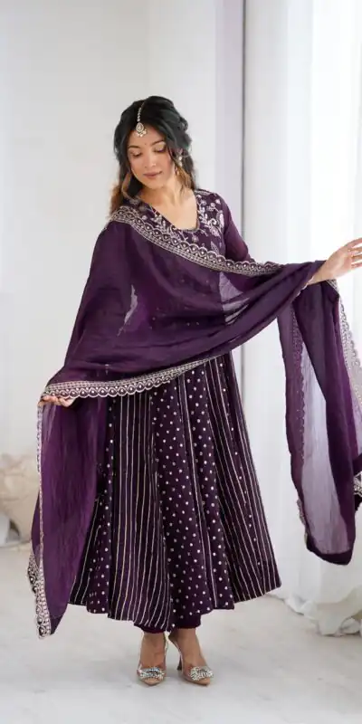 SRK 5293 Wine With Crunchy Silk With Fully Flair with Lace Work & Embroidery Work Anarkali Gown . Introductory Price ₹2149. Delivery 4-6 Worki | Bollywood Gowns, Creative Gowns, Designer Gowns, Embroidered Gowns, Gowns, Party Wear Gowns