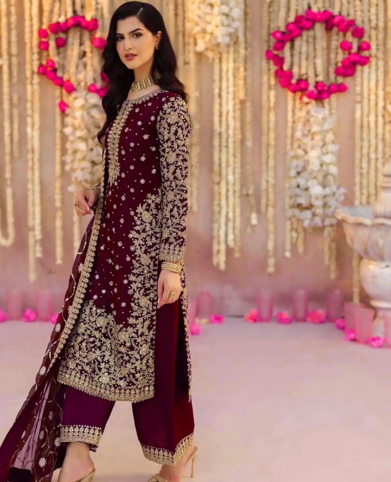 SRK 5238 Wine Faux Georgette With 5mm Embroidery Sequence Work with Beads Work Wedding, Party, Festive, Events, 4-6 Working Days At 2399 | Jump Suits, Casual Suits, Creative suits, Designer Suits, Palazzo Suits, Party Wear Suits, Patiala Suits, Salwar suit, Straight Suits