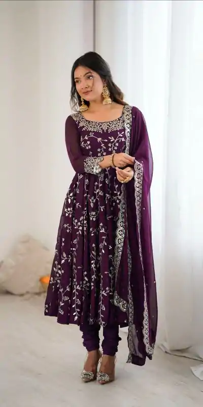 SRK 5299 Wine Georgette With Sequence Work Perfect for Wedding, Party, Lohri, Temple Visit, Ganesh Chaturthi Festive, Events, 4-6 Working Days At 2149 | Bollywood Gowns, Creative Gowns, Designer Gowns, Embroidered Gowns, Gowns, Party Wear Gowns