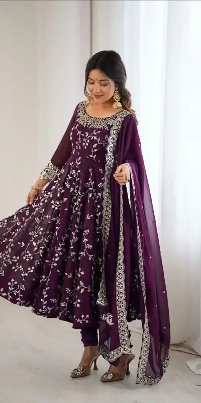 SRK 5299 Wine Georgette With Sequence Work Perfect for Wedding, Party, Lohri, Temple Visit, Ganesh Chaturthi Festive, Events, 4-6 Working Days At 2149 | Bollywood Gowns, Creative Gowns, Designer Gowns, Embroidered Gowns, Gowns, Party Wear Gowns