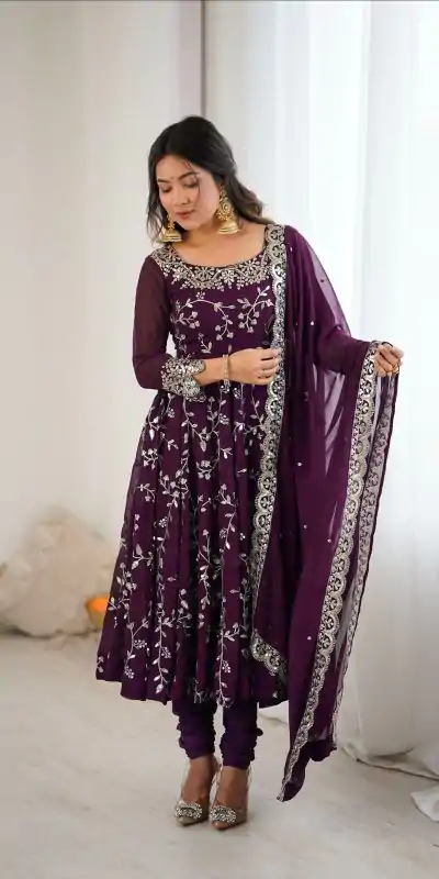 SRK 5299 Wine Georgette With Sequence Work Perfect for Wedding, Party, Lohri, Temple Visit, Ganesh Chaturthi Festive, Events, 4-6 Working Days At 2149 | Bollywood Gowns, Creative Gowns, Designer Gowns, Embroidered Gowns, Gowns, Party Wear Gowns