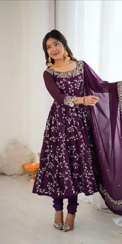 SRK 5299 Wine Georgette With Sequence Work Perfect for Wedding, Party, Lohri, Temple Visit, Ganesh Chaturthi Festive, Events, 4-6 Working Days At 2149 | Bollywood Gowns, Creative Gowns, Designer Gowns, Embroidered Gowns, Gowns, Party Wear Gowns