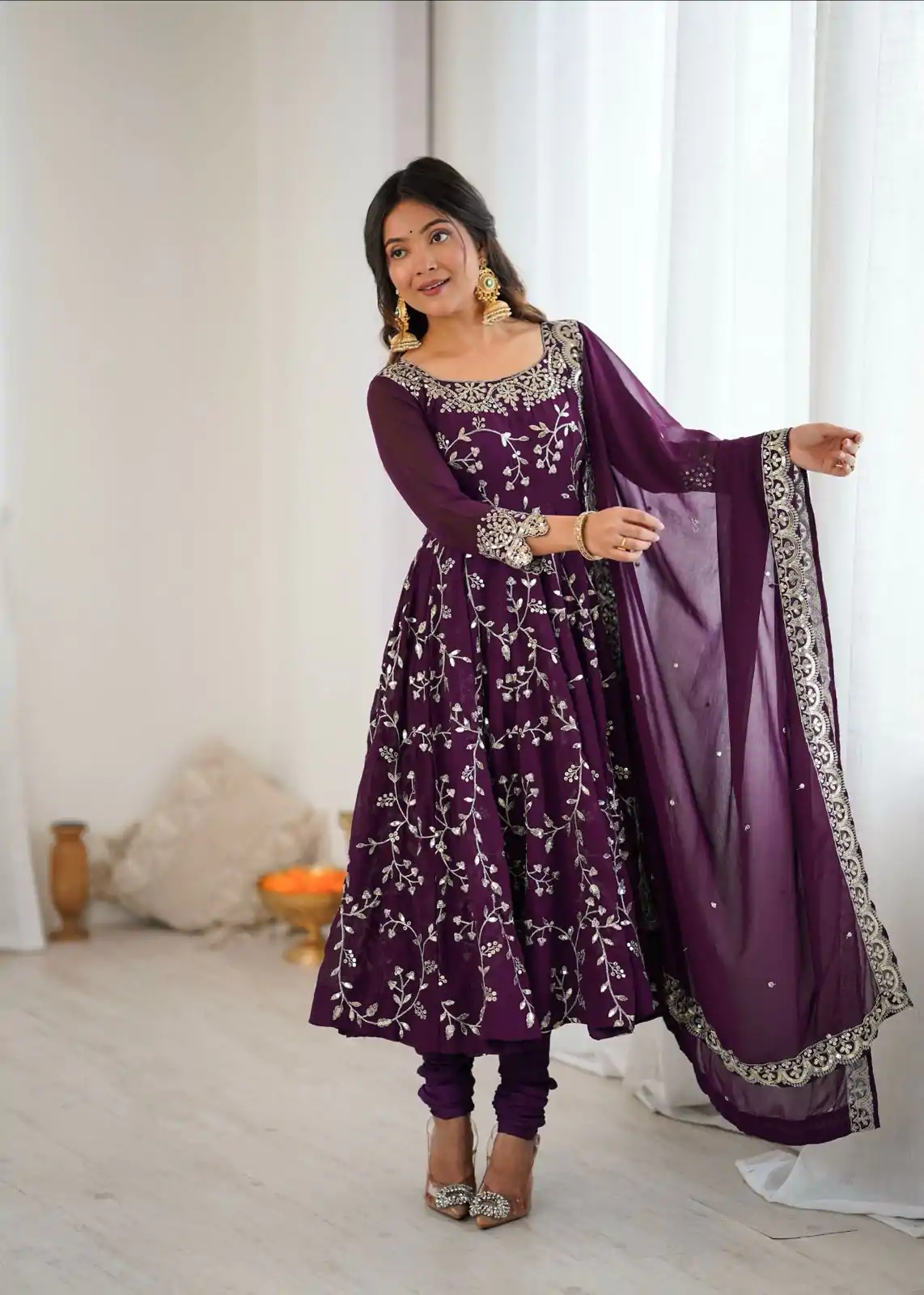 SRK 5299 Wine Georgette With Sequence Work Perfect for Wedding, Party, Lohri, Temple Visit, Ganesh Chaturthi Festive, Events, 4-6 Working Days At 2149 | Bollywood Gowns, Creative Gowns, Designer Gowns, Embroidered Gowns, Gowns, Party Wear Gowns