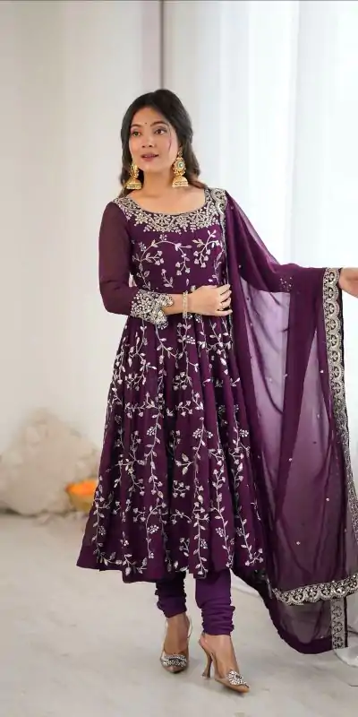 SRK 5299 Wine Georgette With Sequence Work Perfect for Wedding, Party, Lohri, Temple Visit, Ganesh Chaturthi Festive, Events, 4-6 Working Days At 2149 | Bollywood Gowns, Creative Gowns, Designer Gowns, Embroidered Gowns, Gowns, Party Wear Gowns