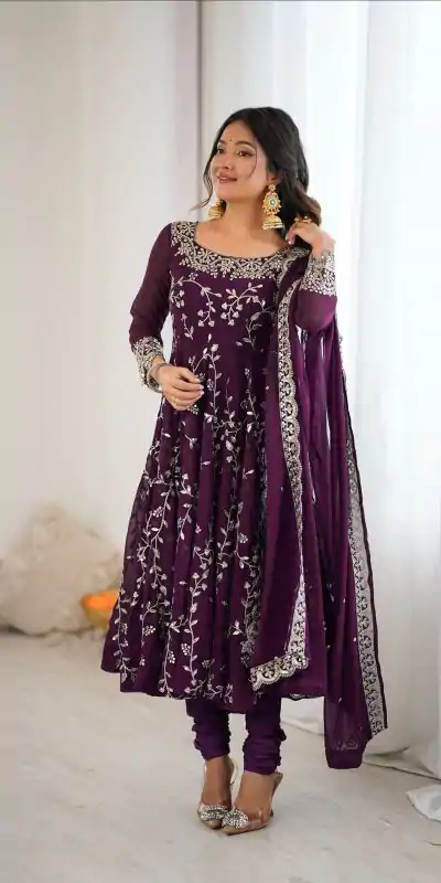 SRK 5299 Wine Georgette With Sequence Work Perfect for Wedding, Party, Lohri, Temple Visit, Ganesh Chaturthi Festive, Events, 4-6 Working Days At 2149 | Bollywood Gowns, Creative Gowns, Designer Gowns, Embroidered Gowns, Gowns, Party Wear Gowns