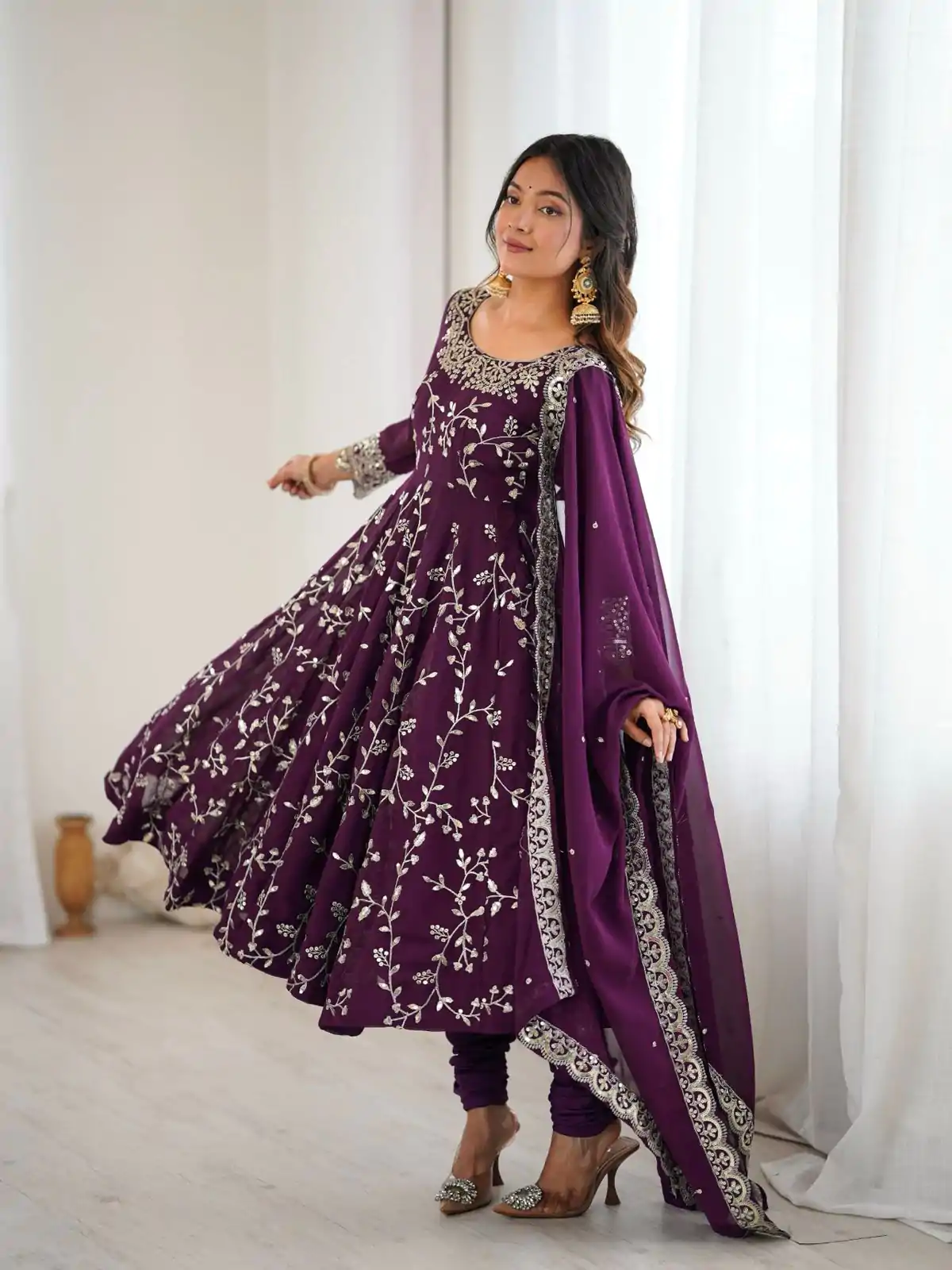 SRK 5299 Wine Georgette With Sequence Work Perfect for Wedding, Party, Lohri, Temple Visit, Ganesh Chaturthi Festive, Events, 4-6 Working Days At 2149 | Bollywood Gowns, Creative Gowns, Designer Gowns, Embroidered Gowns, Gowns, Party Wear Gowns