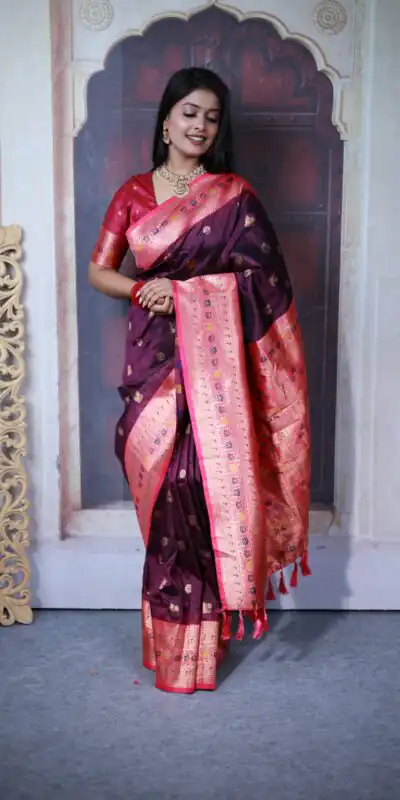 MB 18 Wine Paithani Ajanta Lotus Saree Perfect for Wedding, Party, Lohri, Durga Puja, Eid – . Get it for ₹2449. Delivery 4-6 Working Days. Shop now. | Bollywood Sarees, Creative Sarees, Designer Sarees, Embroidered Sarees, Ethnic Saree, Modern Digital sarees, Party Wear Sarees, Sarees
