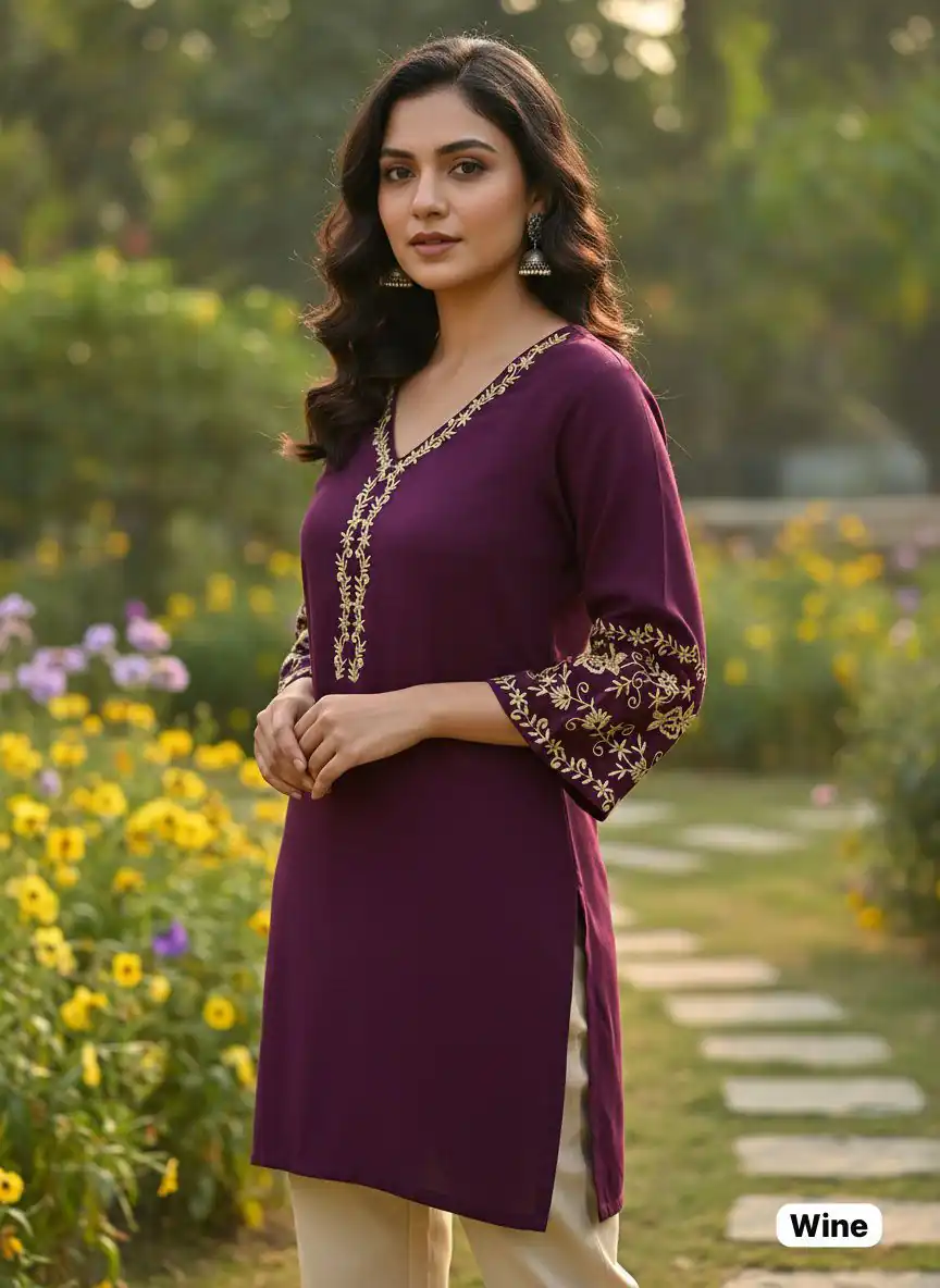 INLI Adaa 5.0 Wine Rayon with Embroidery Work Kurti .Wedding, Party, Festive, Events, Best Price ₹1349. Delivery 4-6 Working Days. Shop now. | Bollywood Kurti, Creative Kurtis, Designer Kurti, Kurti, Party Wear Kurti, Selfie Kurti