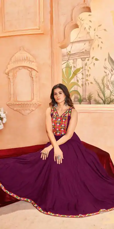 INLI Ghumati Wine Color Heavy Rayon with Lace Work & Gamthi Work Gown . Get it for ₹1749. Delivery 4-6 Working Days. Shop now. | Bollywood Gowns, Creative Gowns, Designer Gowns, Embroidered Gowns, Gowns, Party Wear Gowns