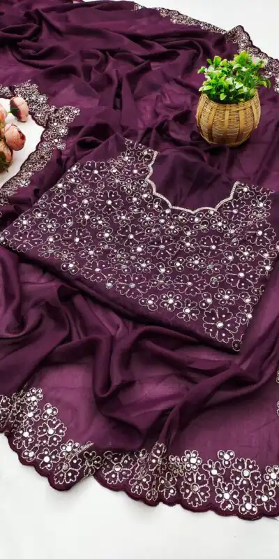 BT 12 Wine Soft Star Georgette Silk with Embroidery Work & Mirror Work Saree . Exclusive Offer ₹1999. Delivery 4-6 Working Days. Shop now. | Bollywood Sarees, Creative Sarees, Designer Sarees, Embroidered Sarees, Ethnic Saree, Modern Digital sarees, Party Wear Sarees, Sarees
