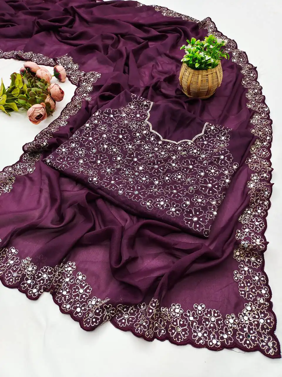 BT 12 Wine Soft Star Georgette Silk with Embroidery Work & Mirror Work Saree . Exclusive Offer ₹1999. Delivery 4-6 Working Days. Shop now. | Bollywood Sarees, Creative Sarees, Designer Sarees, Embroidered Sarees, Ethnic Saree, Modern Digital sarees, Party Wear Sarees, Sarees