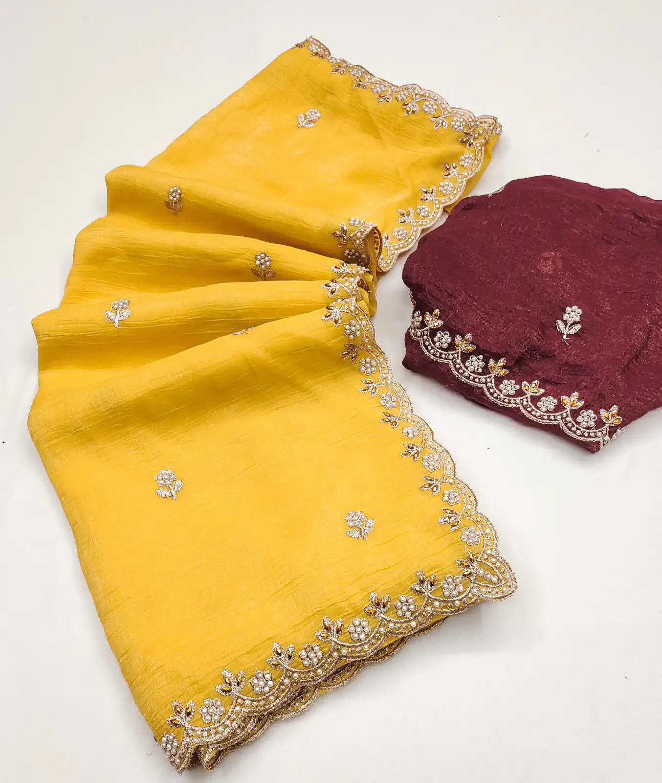 BT 1267 Yellow in Crunchy Chiffon Embroidery Work Saree . Wedding, Party, Festive, Events, Exclusive Offer ₹1749. Delivery 4-6 Working Days. Shop now. | Bollywood Sarees, Creative Sarees, Designer Sarees, Embroidered Sarees, Ethnic Saree, Modern Digital sarees, Party Wear Sarees, Sarees