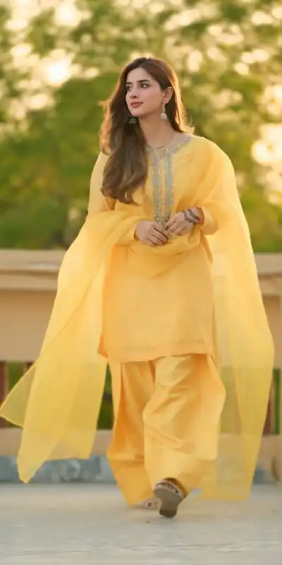 SRK 5252 Yellow Faux Georgette Embroidery Work & Bead Work Salwar Suit . Wedding, Party, Festive, Events, Now at just ₹1499 | Jump Suits, Casual Suits, Creative suits, Designer Suits, Palazzo Suits, Party Wear Suits, Patiala Suits, Salwar suit, Straight Suits