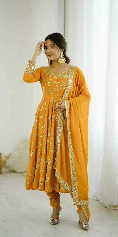 SRK 5299 Yellow Faux Georgette With Sequence Work Perfect for Wedding, Party, Temple Visit, Ganesh Chaturthi Festive, Events, 4-6 Working Days At 2149 | Bollywood Gowns, Creative Gowns, Designer Gowns, Embroidered Gowns, Gowns, Party Wear Gowns